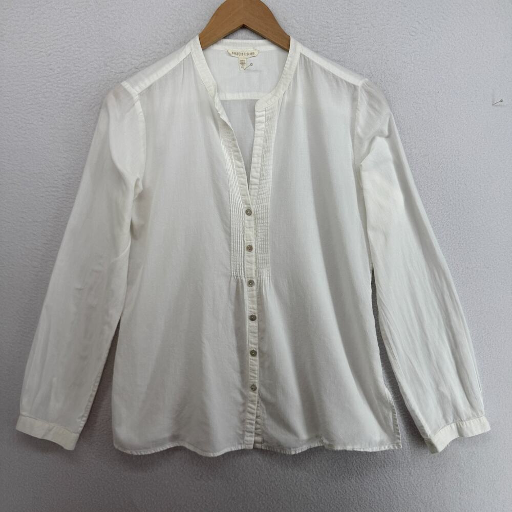 EILEEN FISHER Top XS Cotton Lightweight Twill Pintuck Button Long Sleeve White